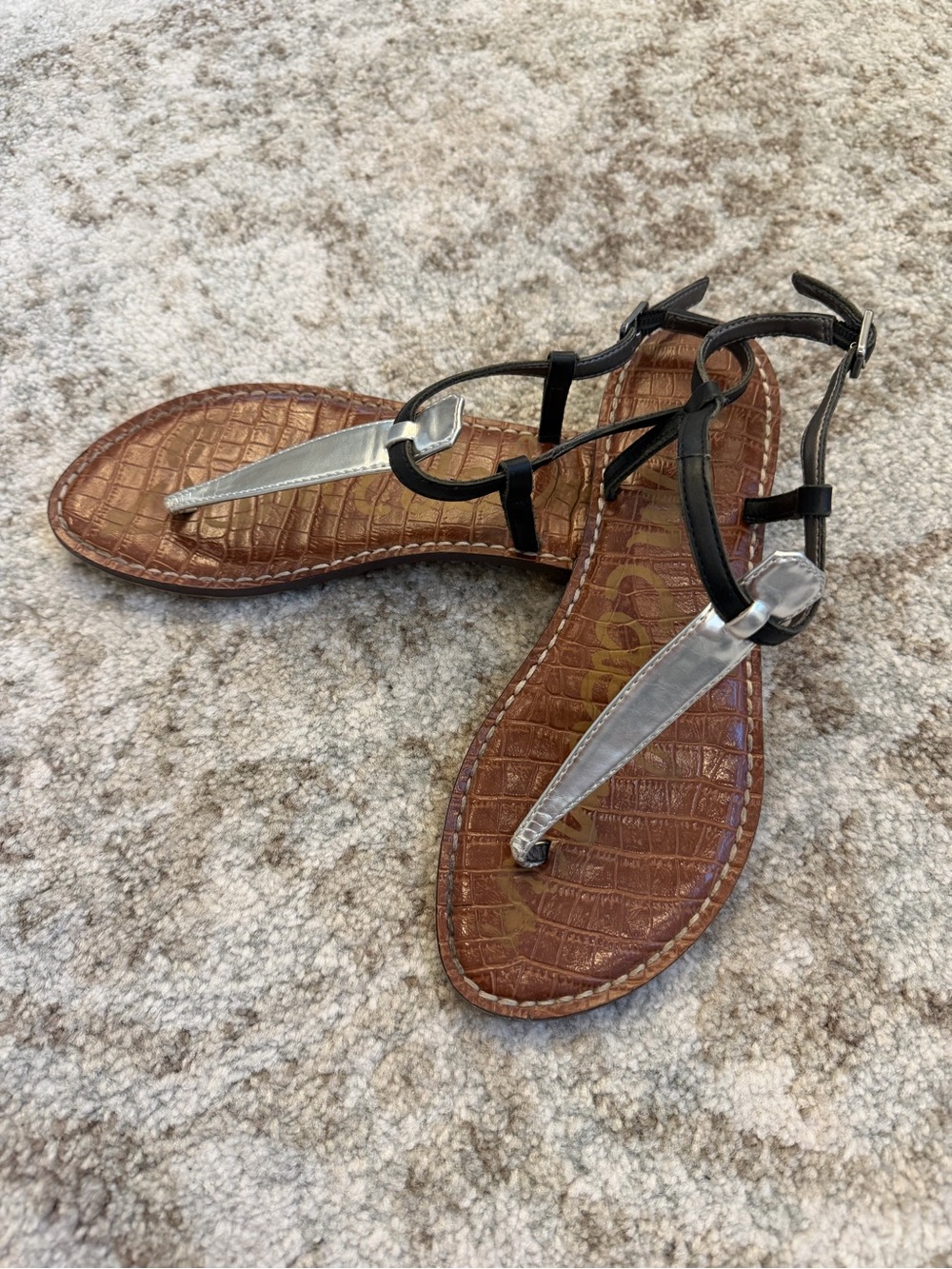 Sam Edelman Brown Croc-Embossed Sandals with Silver T-Strap